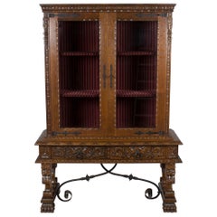 French Renaissance Style Carved Oak Vitrine Breakfront China Cabinet