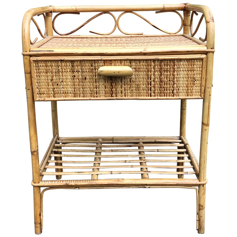 MidCentury Modern 1970s Cane Wicker Bamboo Bedside Table For Sale at 1stdibs