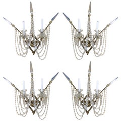 Set of Four Bronze and Bead Crystal Presidential Wall Sconce