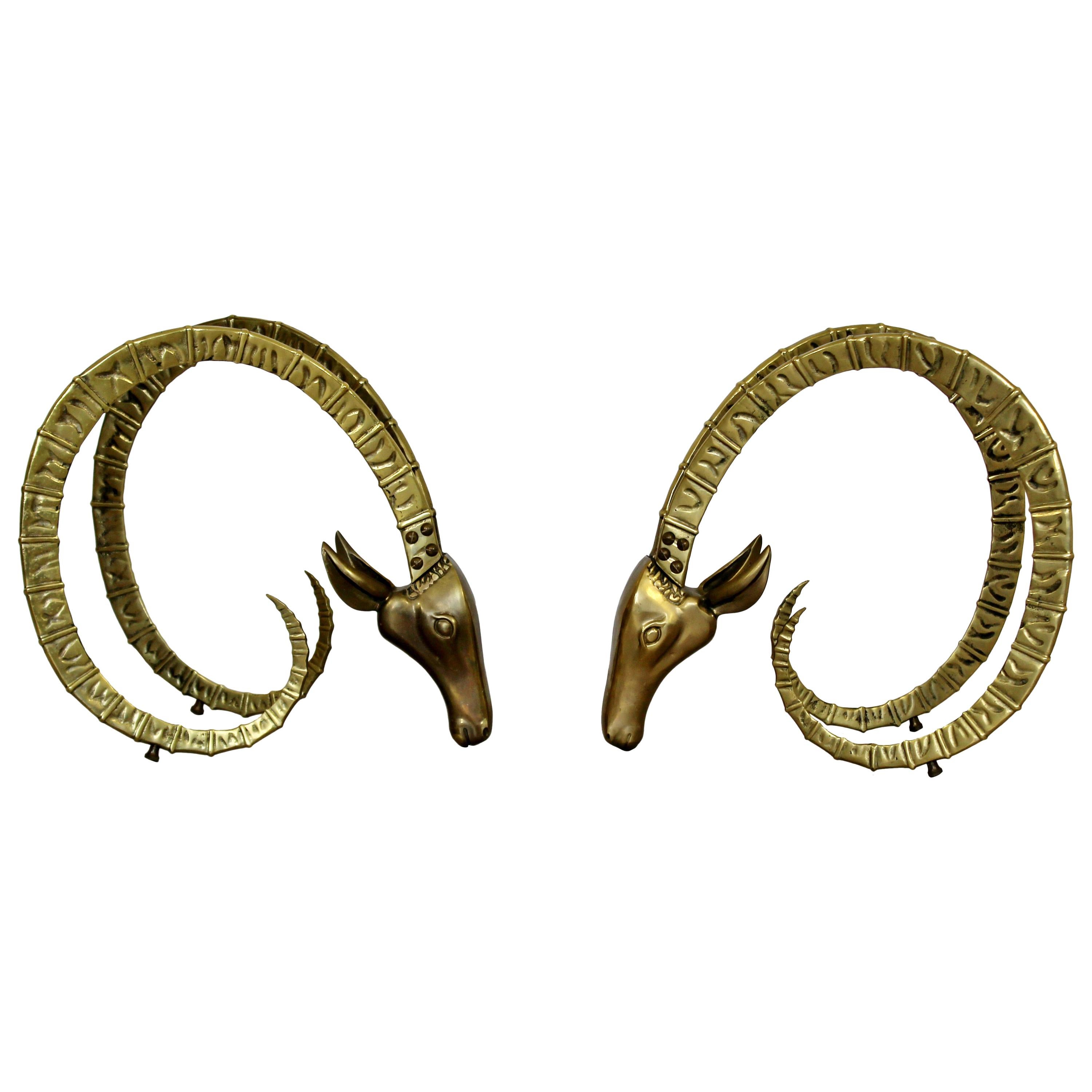 Mid-Century Modern Hollywood Regency Pair of Bronze Ibex Heads, Chervet, 1970s