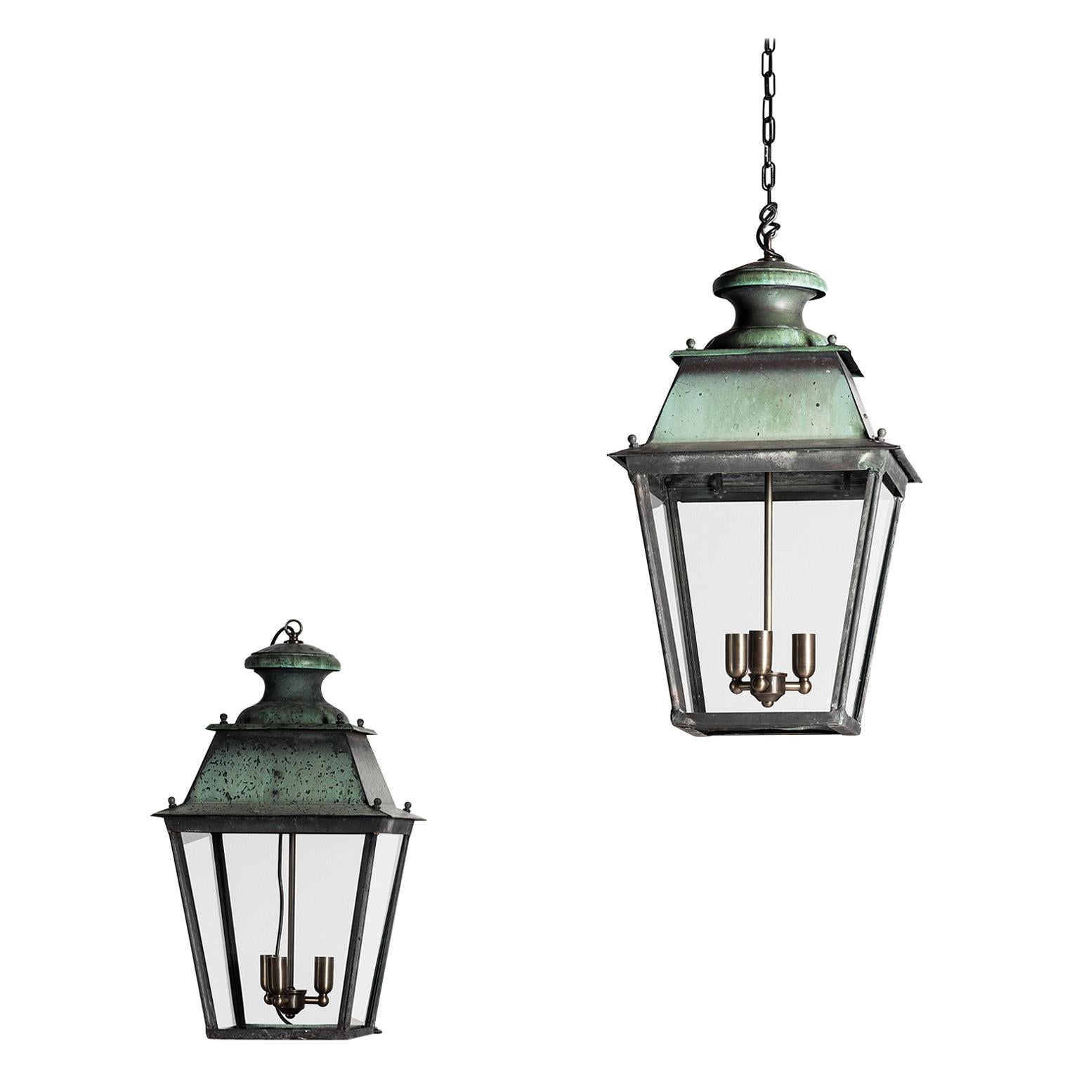 Rare Pair of Large French 19th Century Verdigris Copper Lanterns