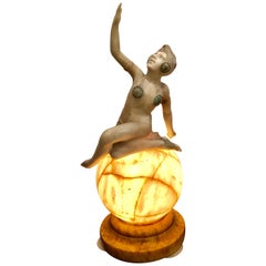 Vintage Art Deco Alabaster Lamp Can-Can Girl on Top of the World