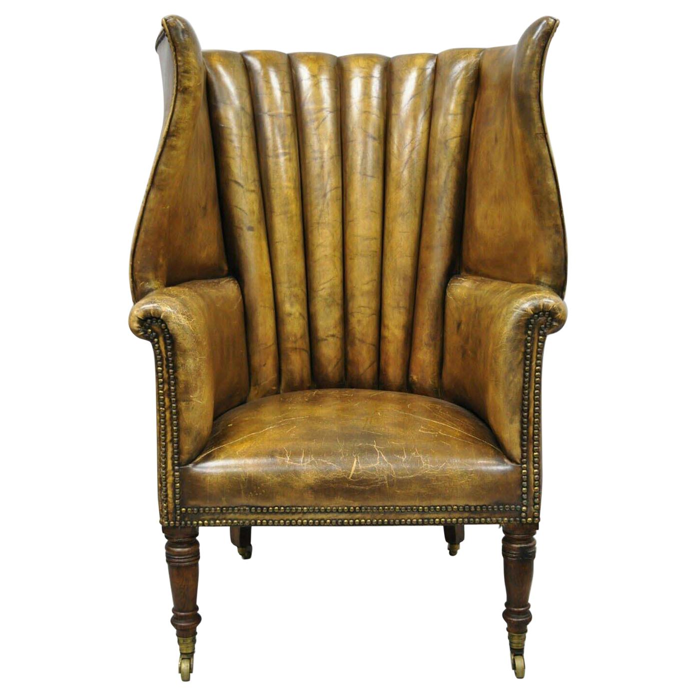 Howard & Sons English Brown Leather Channel Back Wingback Library Chair