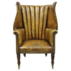 Antique Howard & Sons English Brown Leather Channel Back Wingback Library Chair