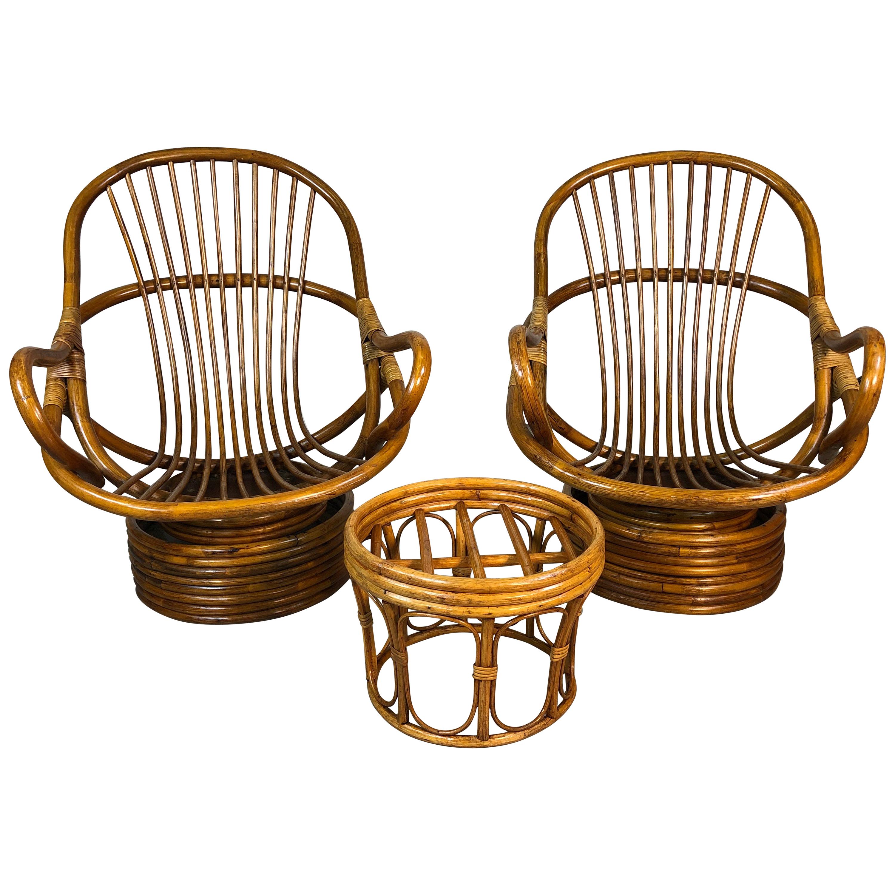 1960s Rattan Lounge Chairs with Ottoman, 3 Pcs For Sale
