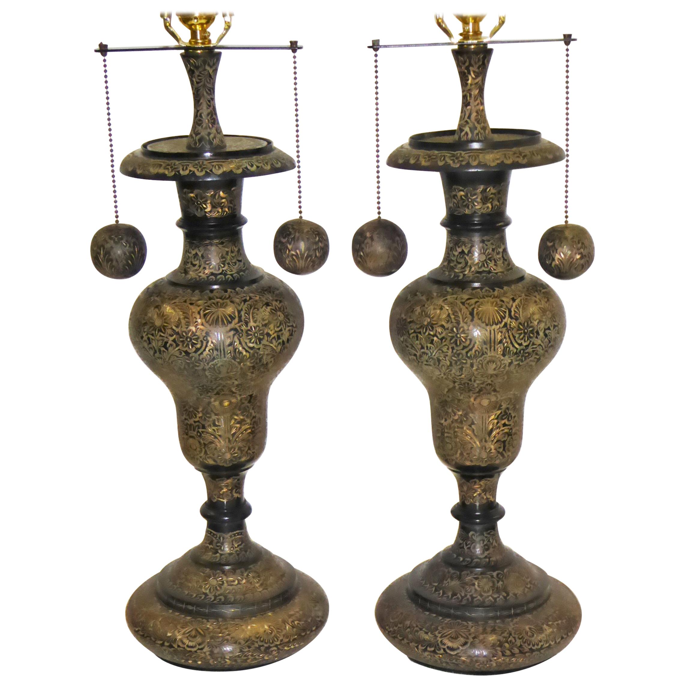 Carved Brass Pair of Arabesque Floral Vase Table Lamps, 1970s