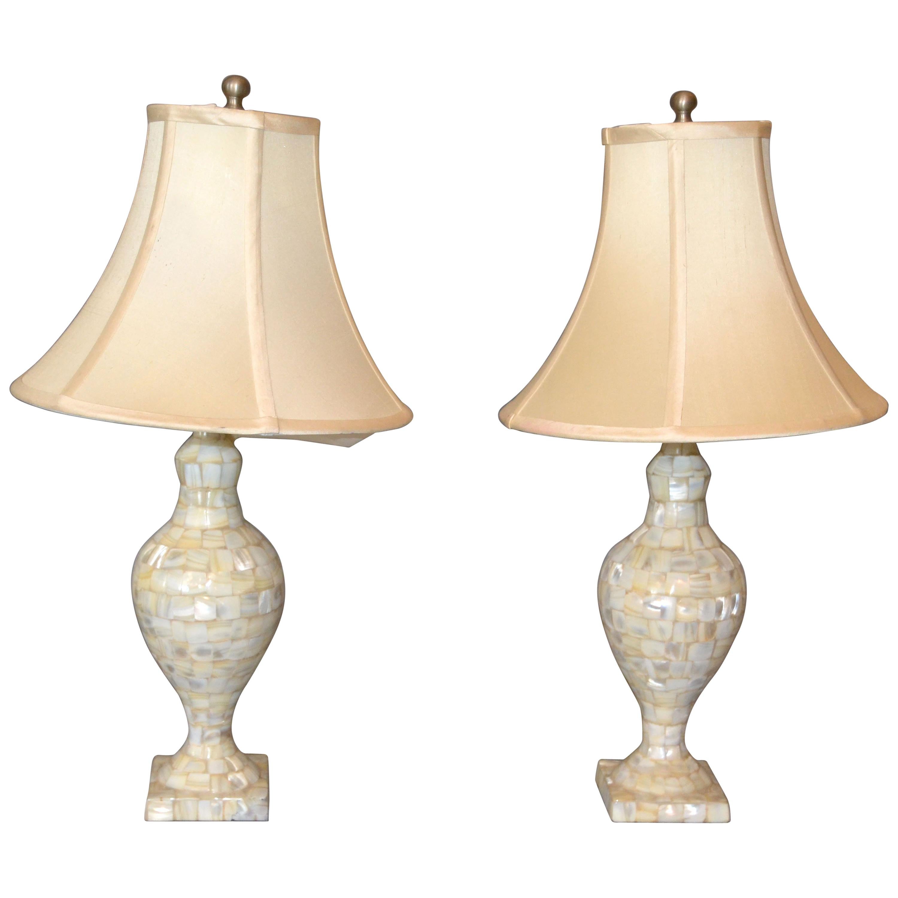 Pair, Hollywood Regency Vintage Capiz Shell Table Lamps with Shades