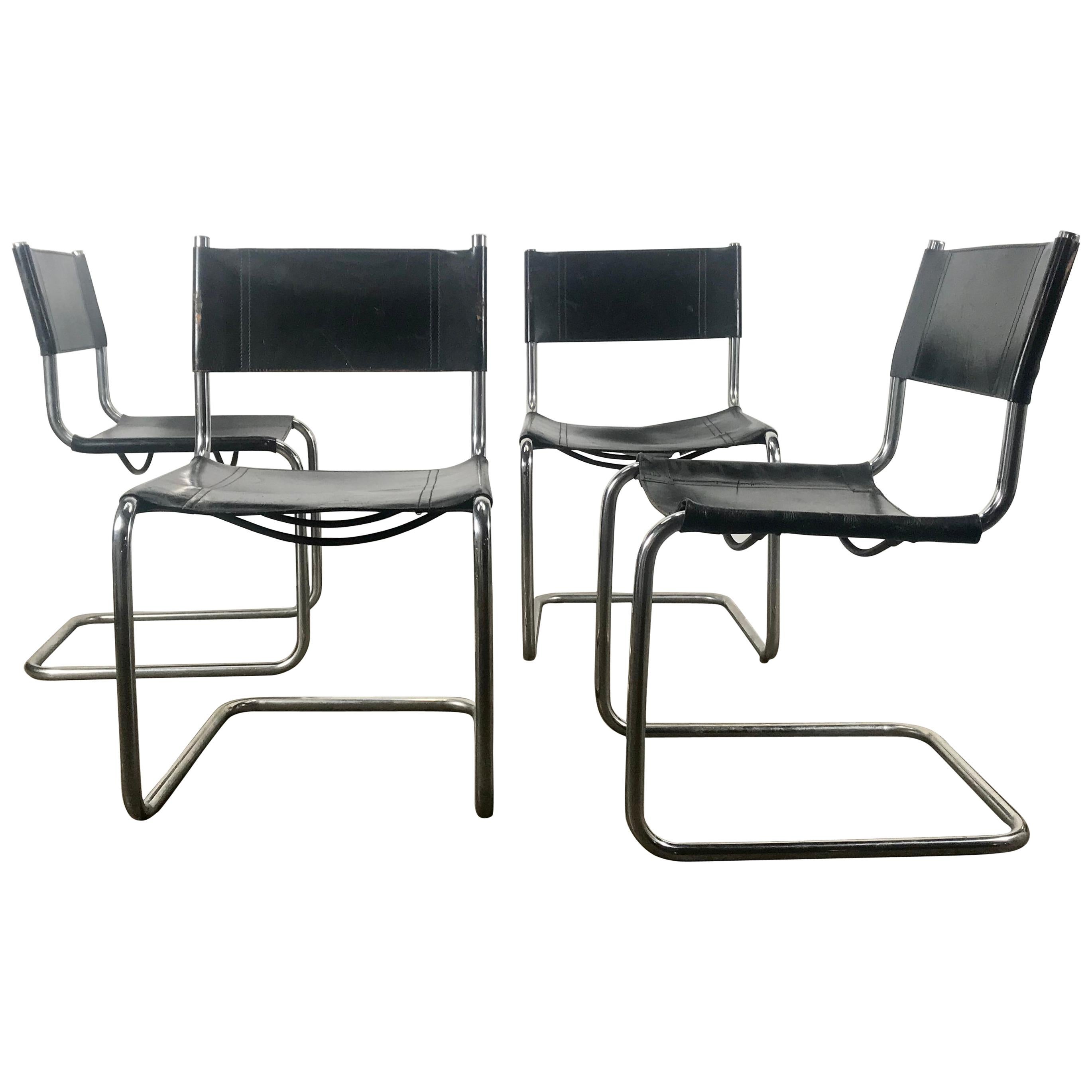 Set of 4 Black Leather and Chrome Bauhaus Style Side Chairs After Mart Stam