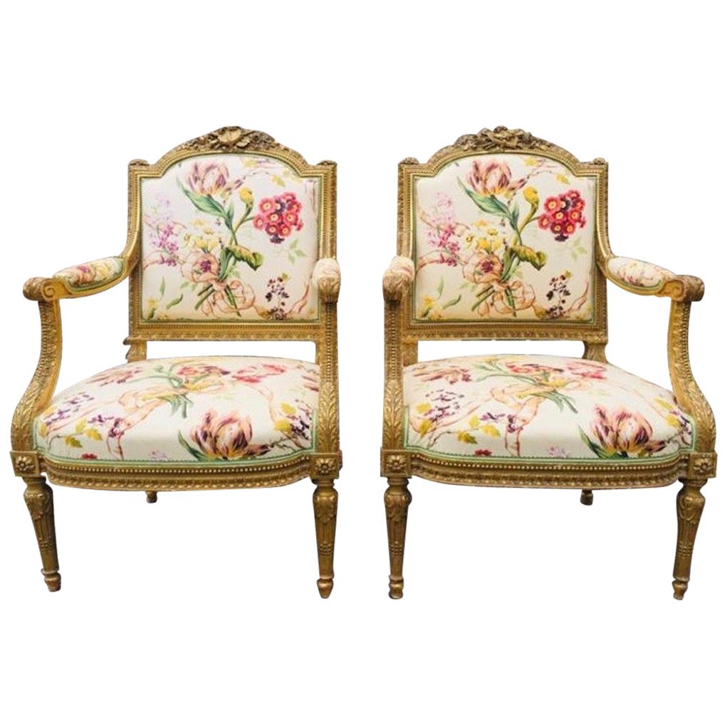 19th Century French Fauteuil Armchairs in Giltwood For Sale