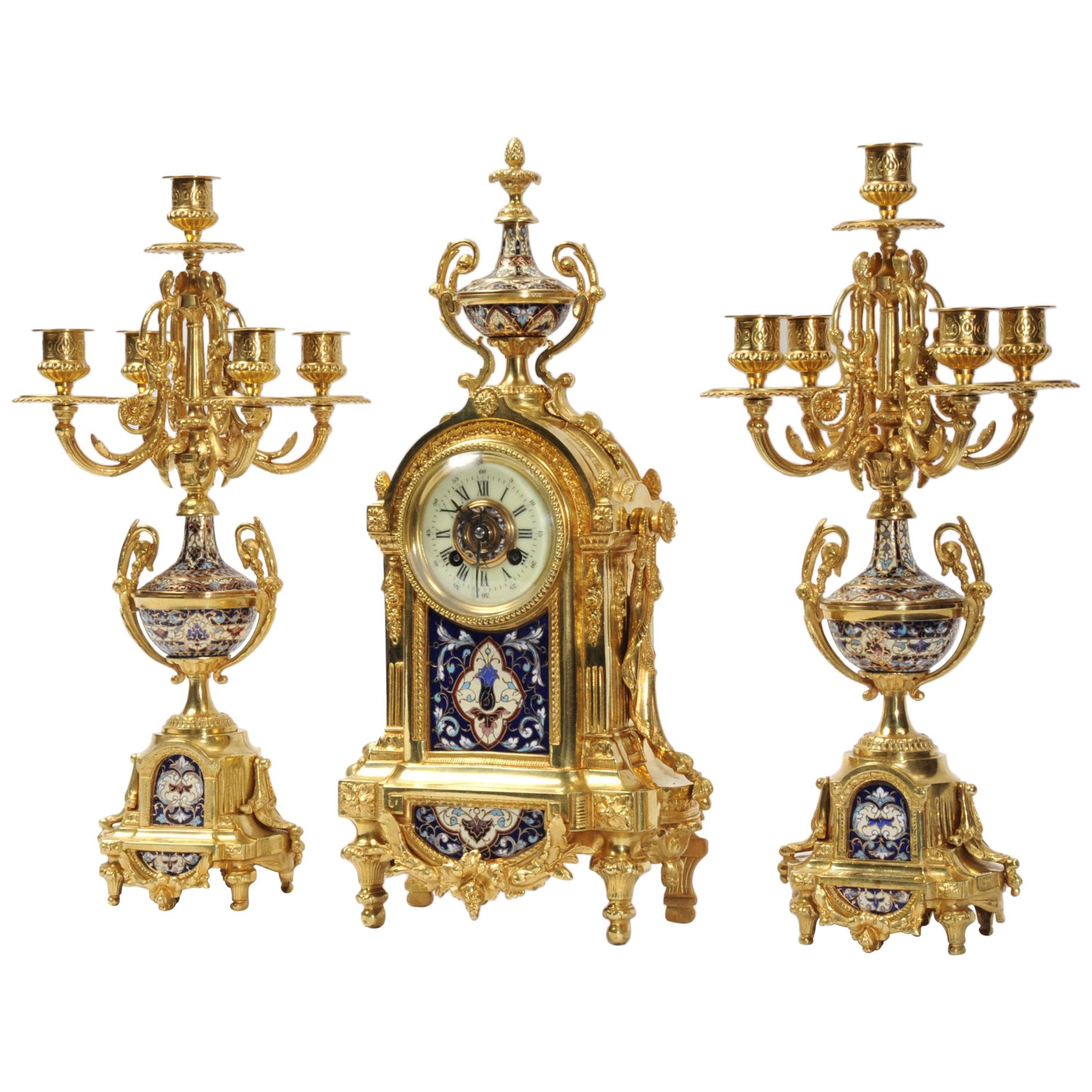 Cloisonné Enamel Mounted Ormolu Antique French Clock Set