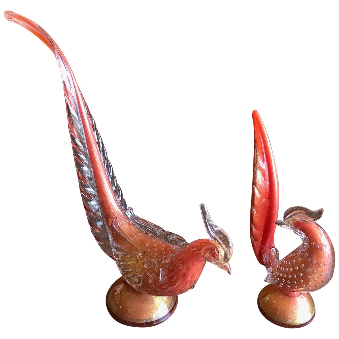 Paire d'oiseaux/panthères en verre d'art Sommerso par les studios de verre de Murano