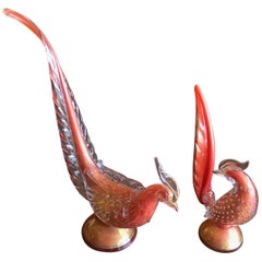 Pair of Sommerso Art Glass Birds/Pheasants by Murano Glass Studios