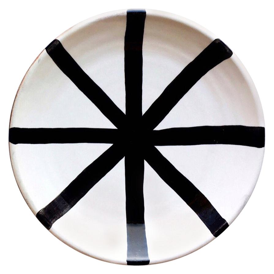 Handmade Ceramic Segment Dinner Plate with Graphic Black and White Design For Sale