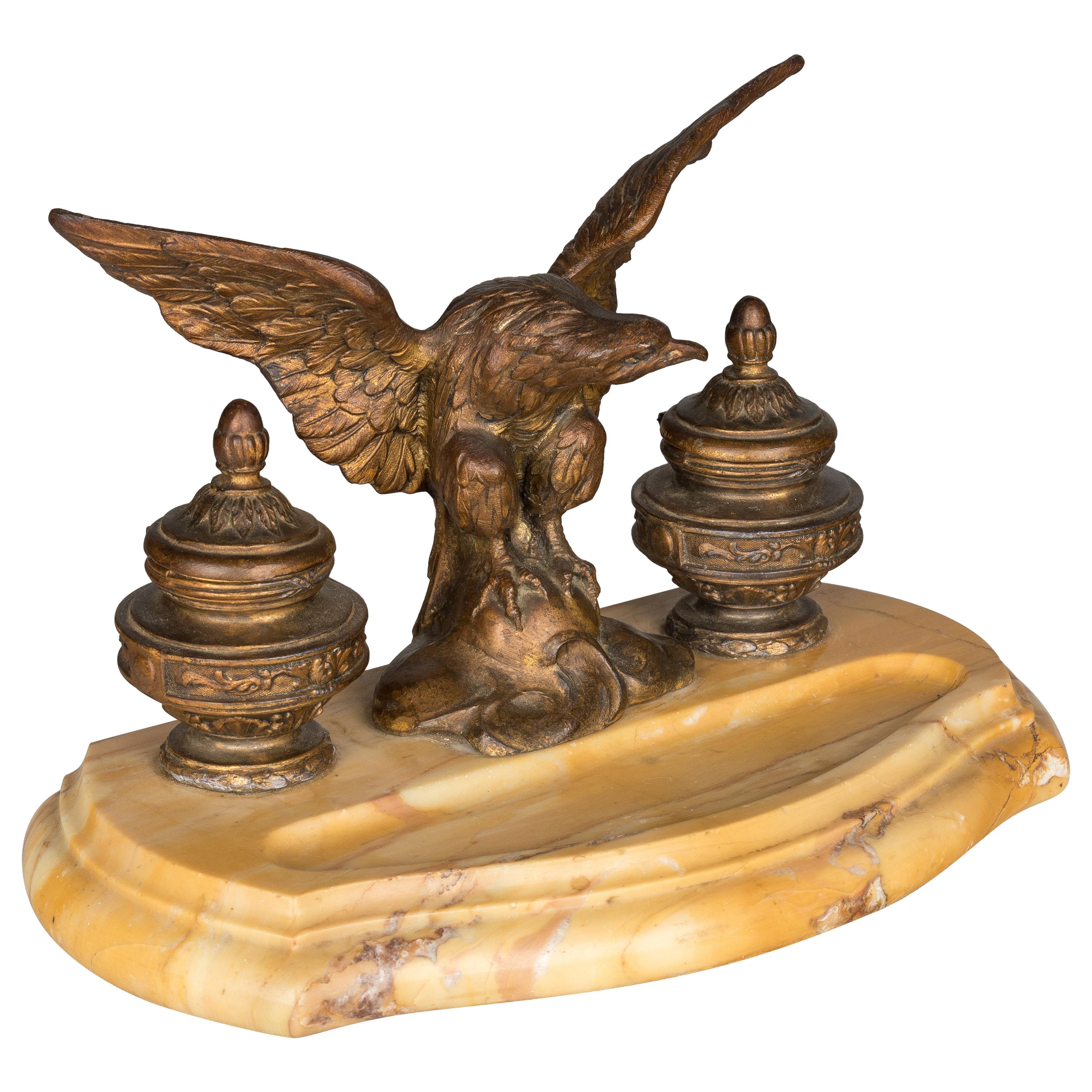 19th Century French Marble Inkwell with Bronze Eagle