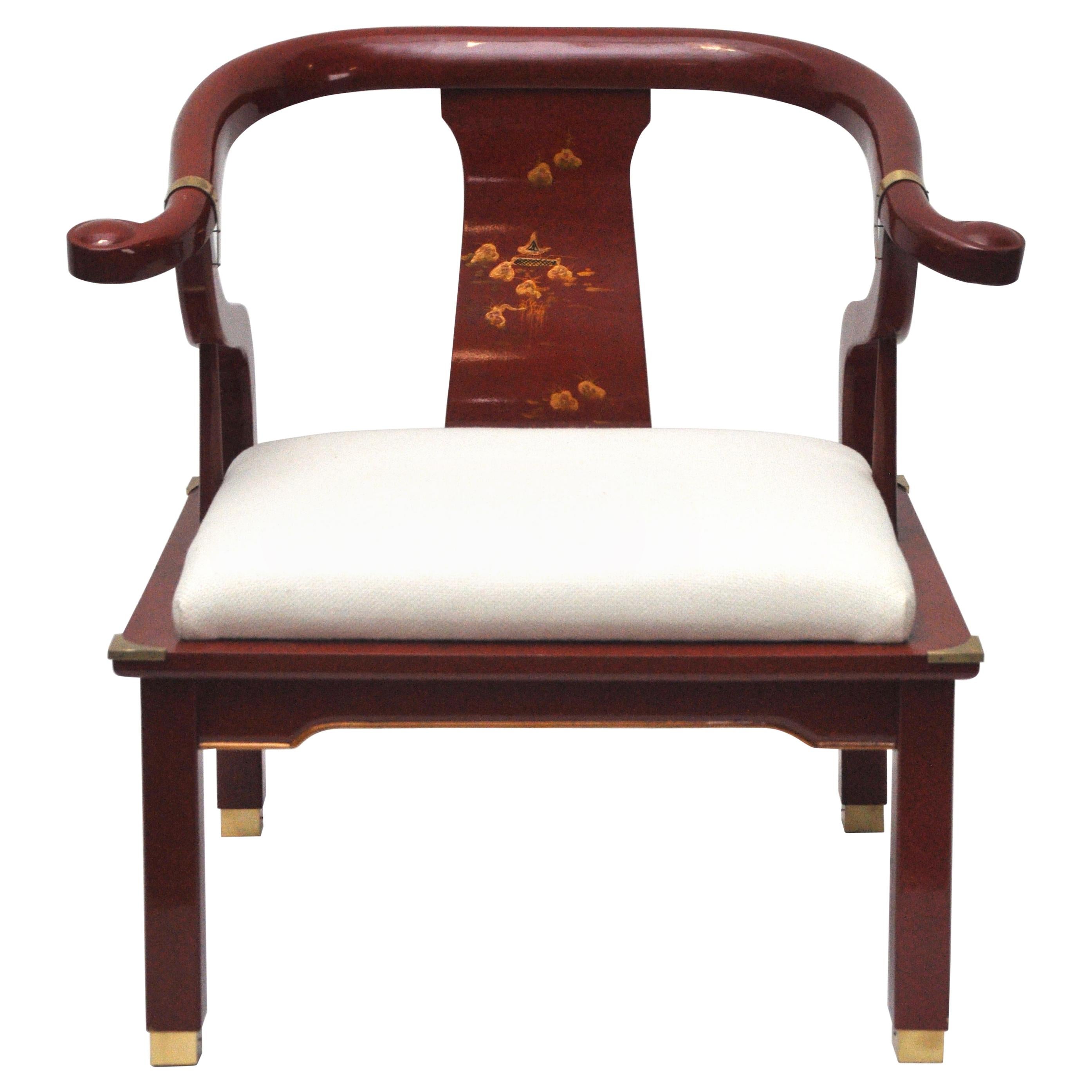 Red Lacquered James Mont Style Horseshoe Chair For Sale