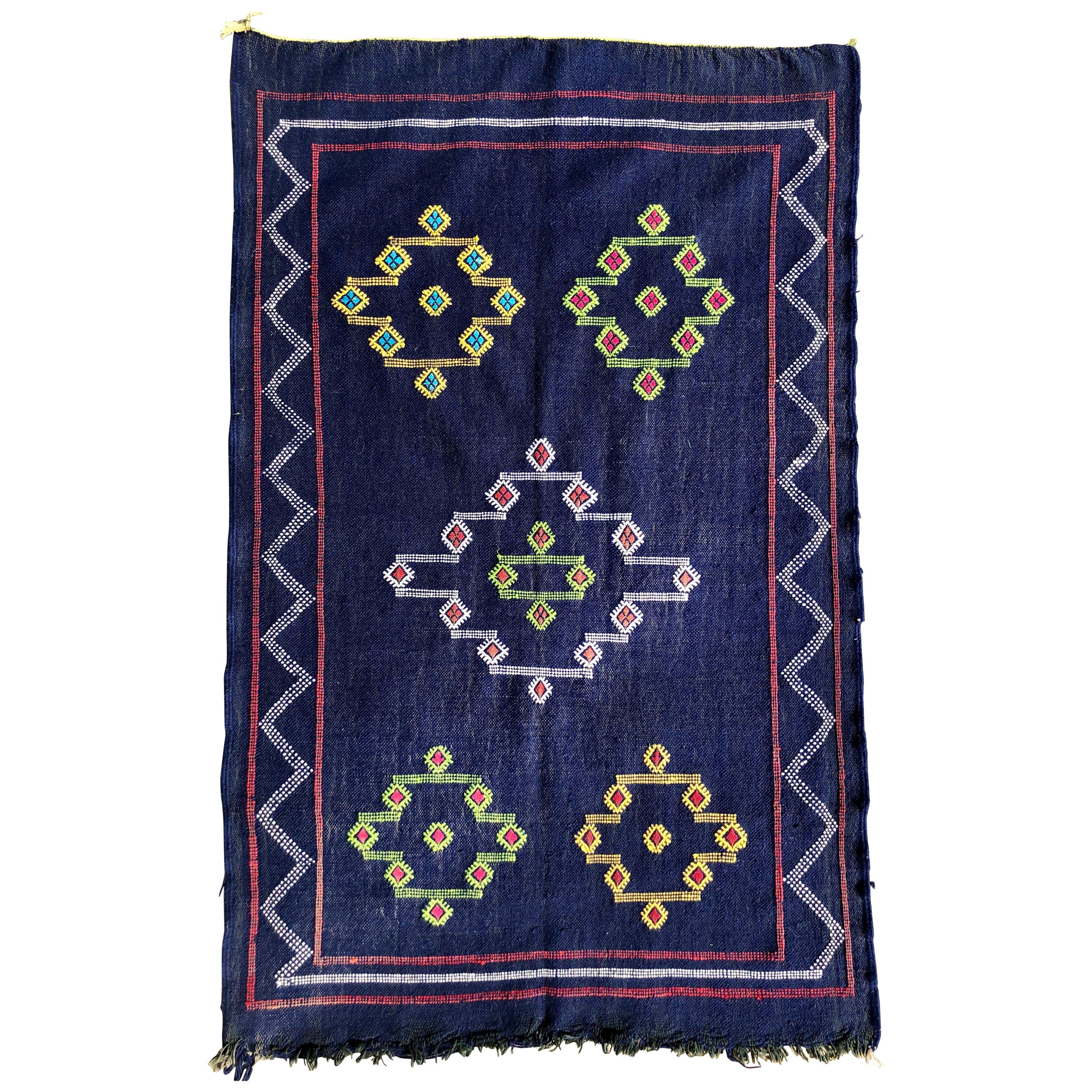 Denim Blue Moroccan Kilim Rug Tribal Organic Cotton Flat-Weave Handmade Boho For Sale