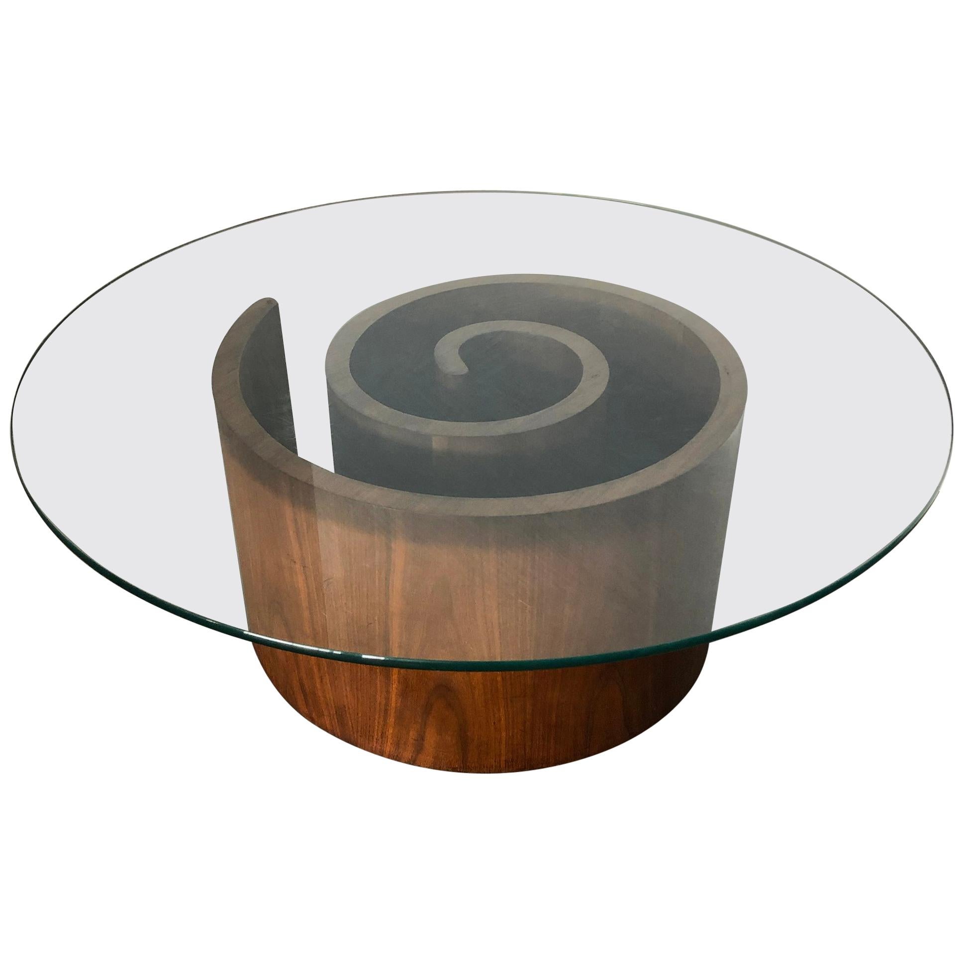 Vladimir Kagan Walnut Snail Coffee Table With Round Glass Top