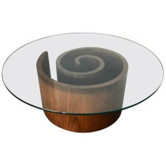 Vladimir Kagan Walnut Snail Coffee Table With Round Glass Top