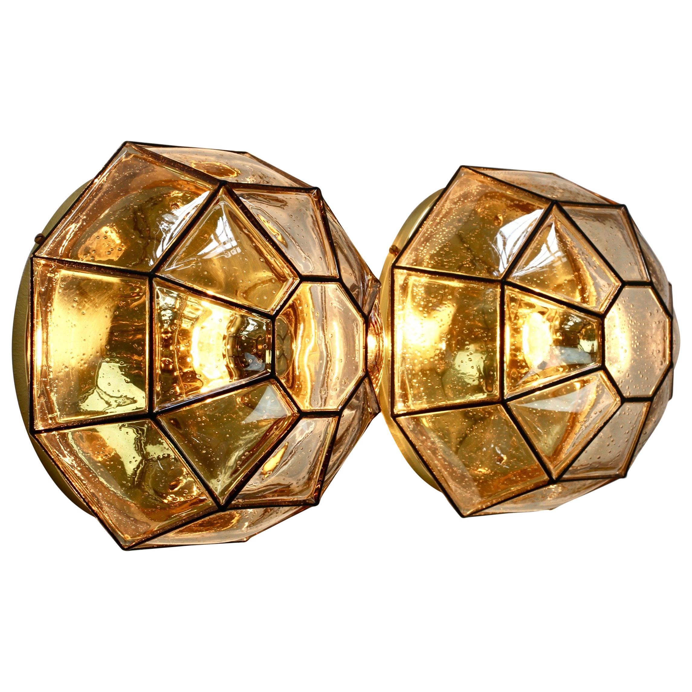 Limburg Pair of Large Vintage Iron Bubble Glass & Brass Flush Mount Wall Lights For Sale