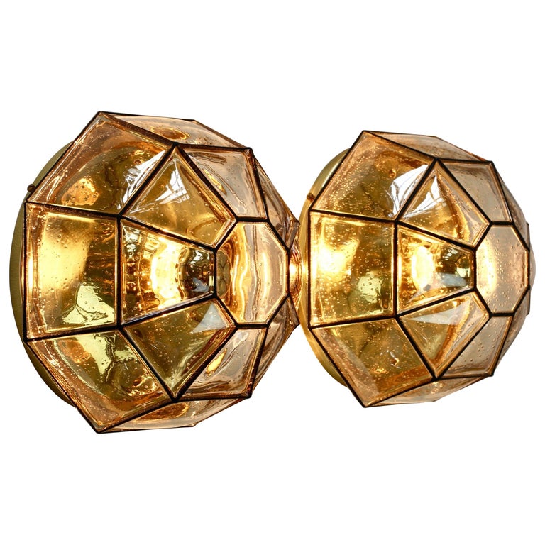 Limburg Pair of Large Vintage Iron Bubble Glass and Brass Flush Mount Wall  Lights For Sale at 1stDibs