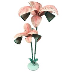 Vintage Pink and Green Metal Palm Tree Floor Lamp Double Color Conic Lampshades, 1950s