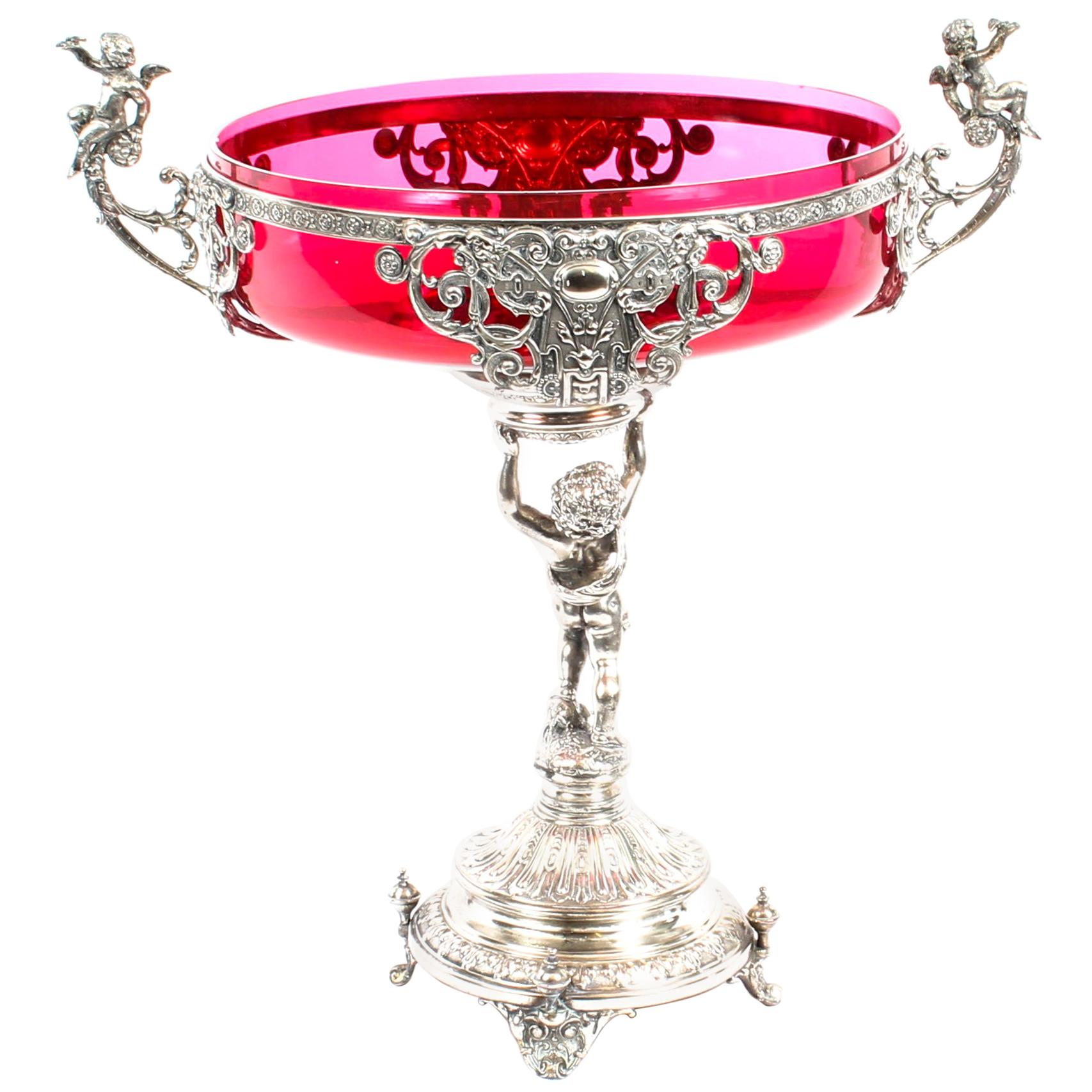 19th Century WMF Art Nouveau Silver Plated Centrepiece Cranberry Glass