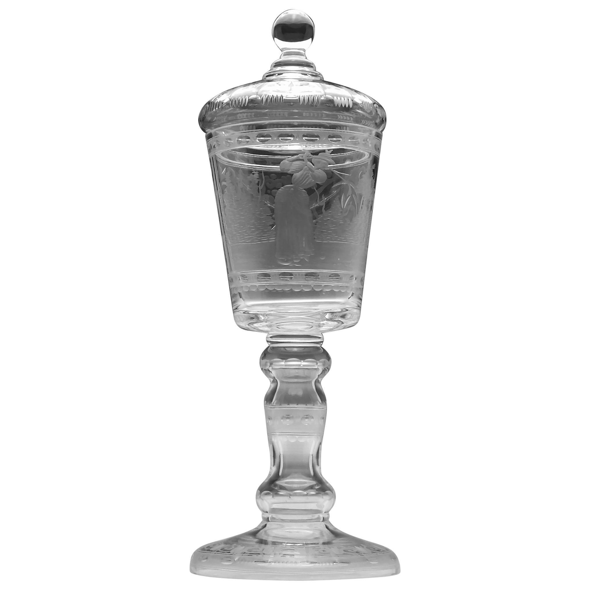 Large Golfer Engraved 19th Century Lidded Glass Goblet, circa 1900 For Sale