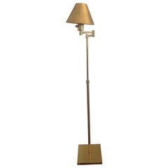 Vintage Polished Brass Swing-Arm Floor Lamp with Gold Leaf Paper Shade