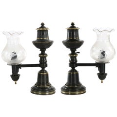 English Pair of Antique Patinated Brass Oil Table Lamps with Hurricane Shades