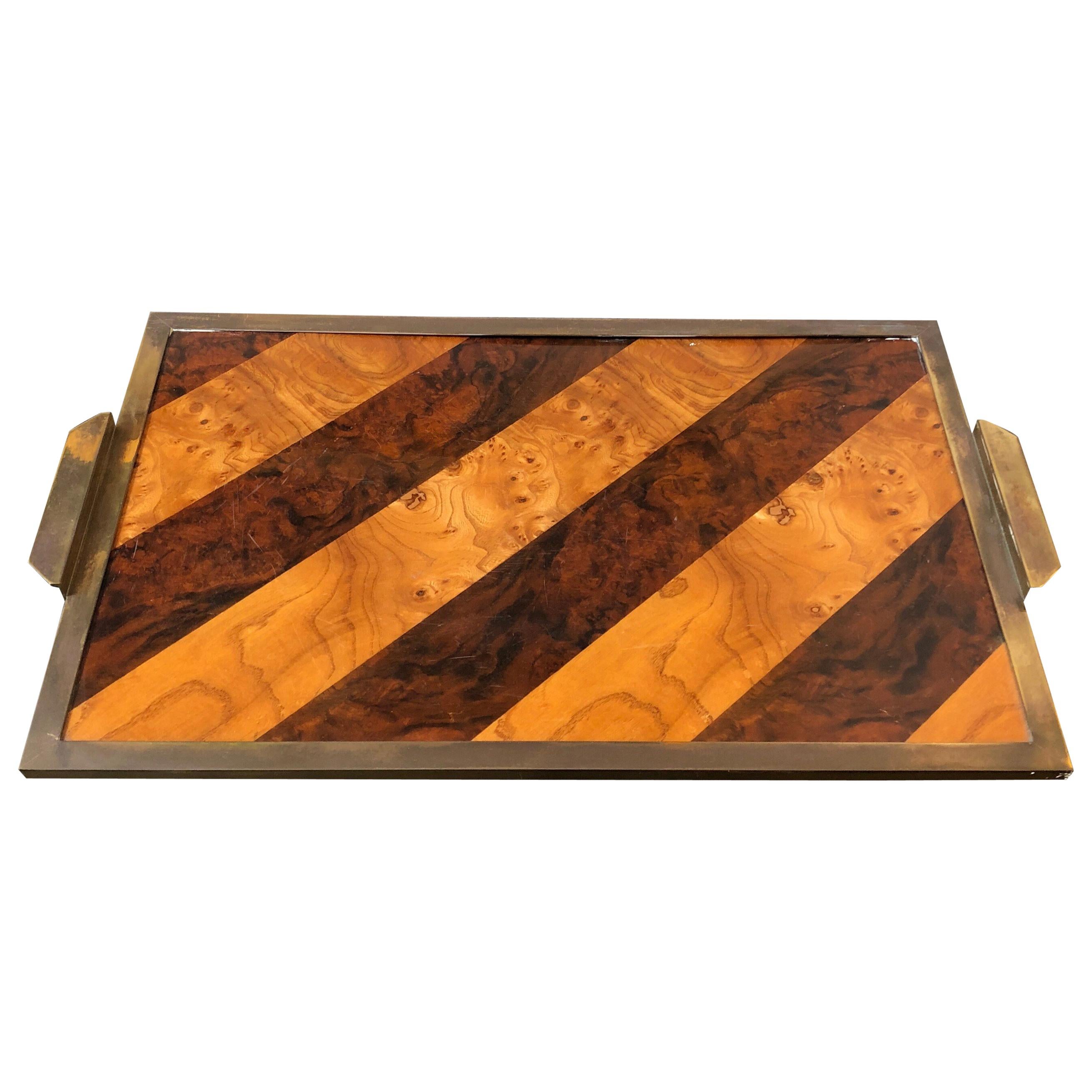 Mid-Century Modern Wood and Brass Tray in the Style of Gabriella Crespi