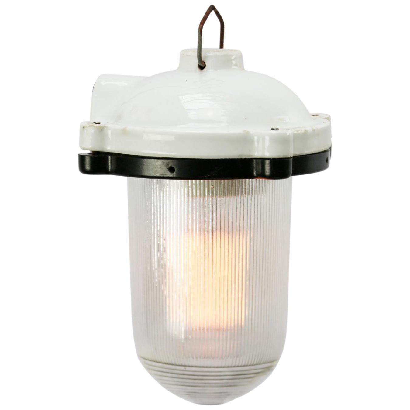 White Porcelain Vintage Industrial Holophane Glass Hanging Light