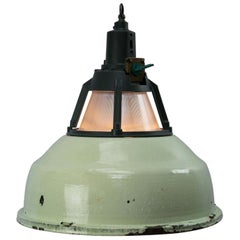 Green Enamel Vintage Industrial Holophane Glass Aluminum Top Pendant Lights (3x)