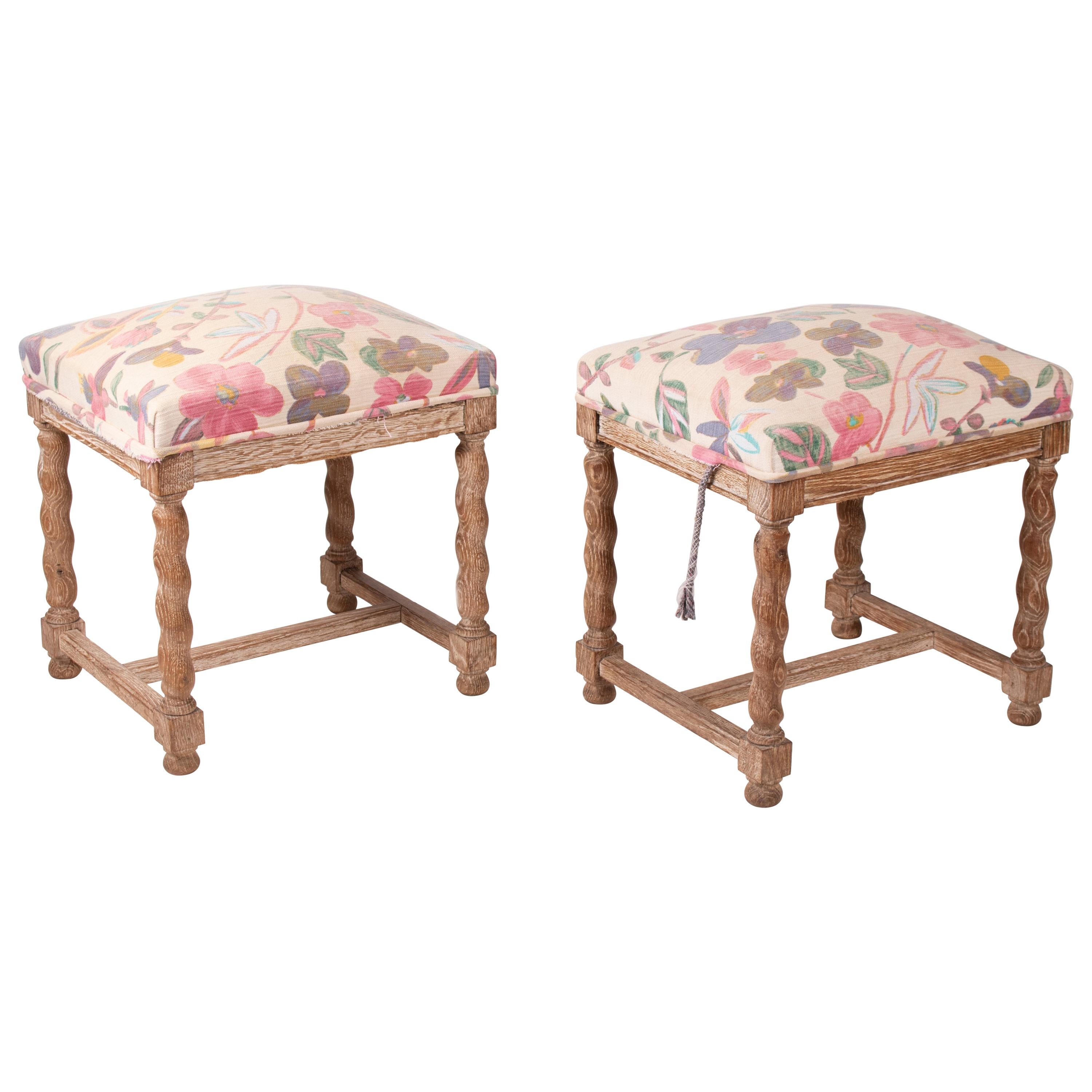 Pair of French Style Carved Wooden Upholstered Stools in Vintage Flower Pattern