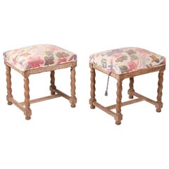 Pair of French Style Carved Wooden Upholstered Stools in Vintage Flower Pattern