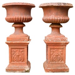 Pair of Antique Terracotta Urns on Pedestals