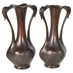 Pair of Japanese Vases 19th Century Bronze with Flamingo Decor Meiji Period