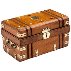 Antique Oak Silk Velvet Luggage Trunk Box, 20th Century