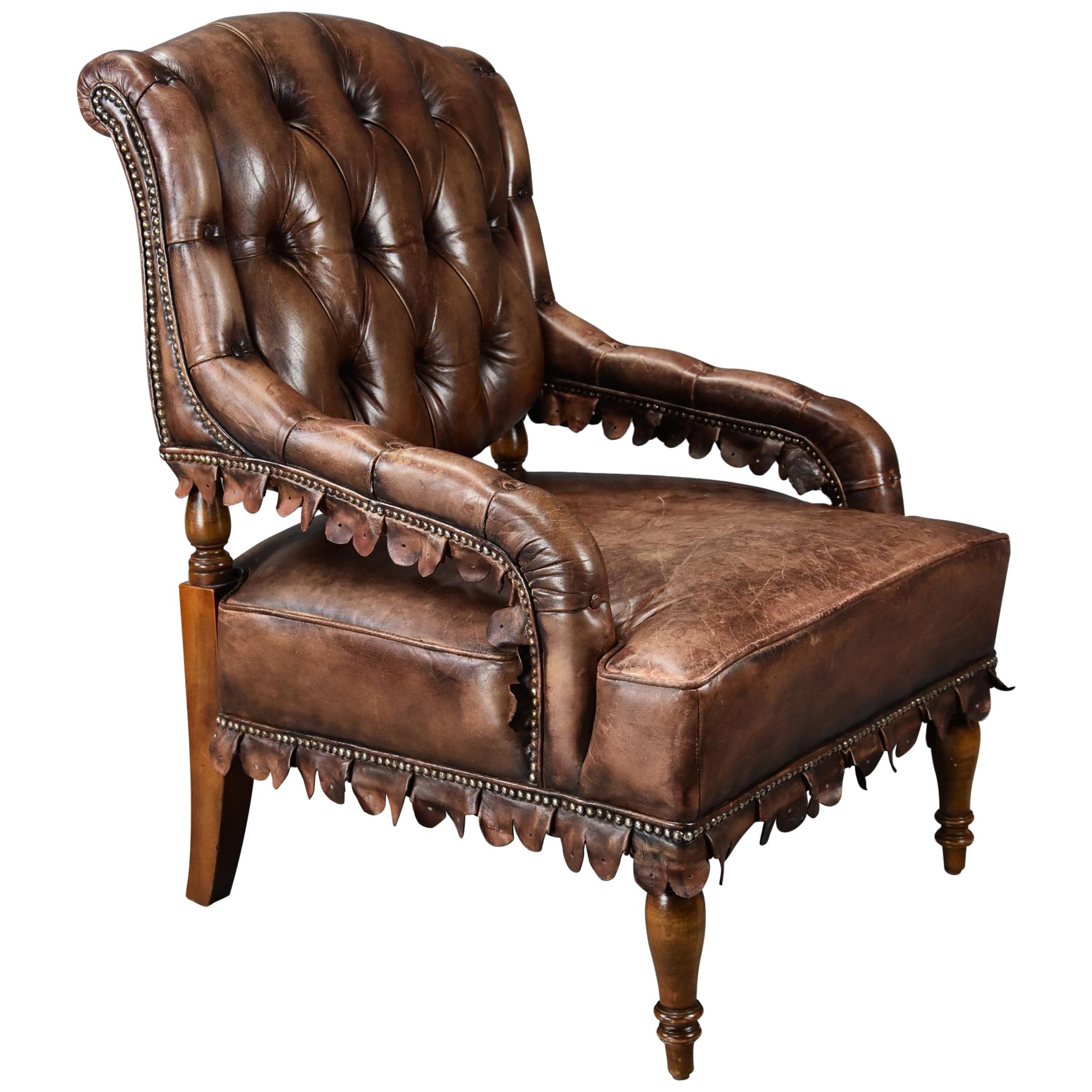 Highly Decorative 1930s French Brown Leather Open Armchair