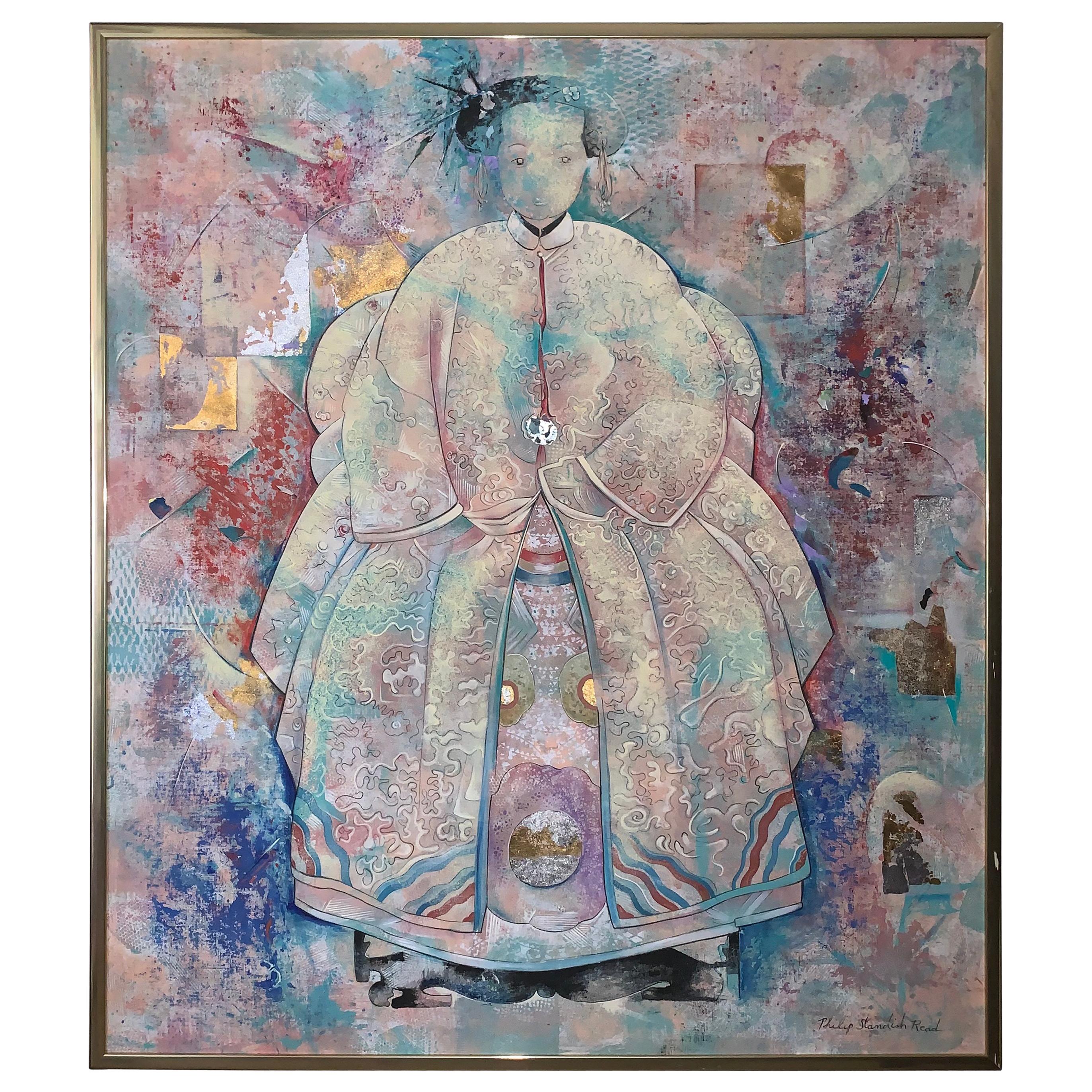 Extremely Large Beautiful Mixed-Media Painting of Asian Woman