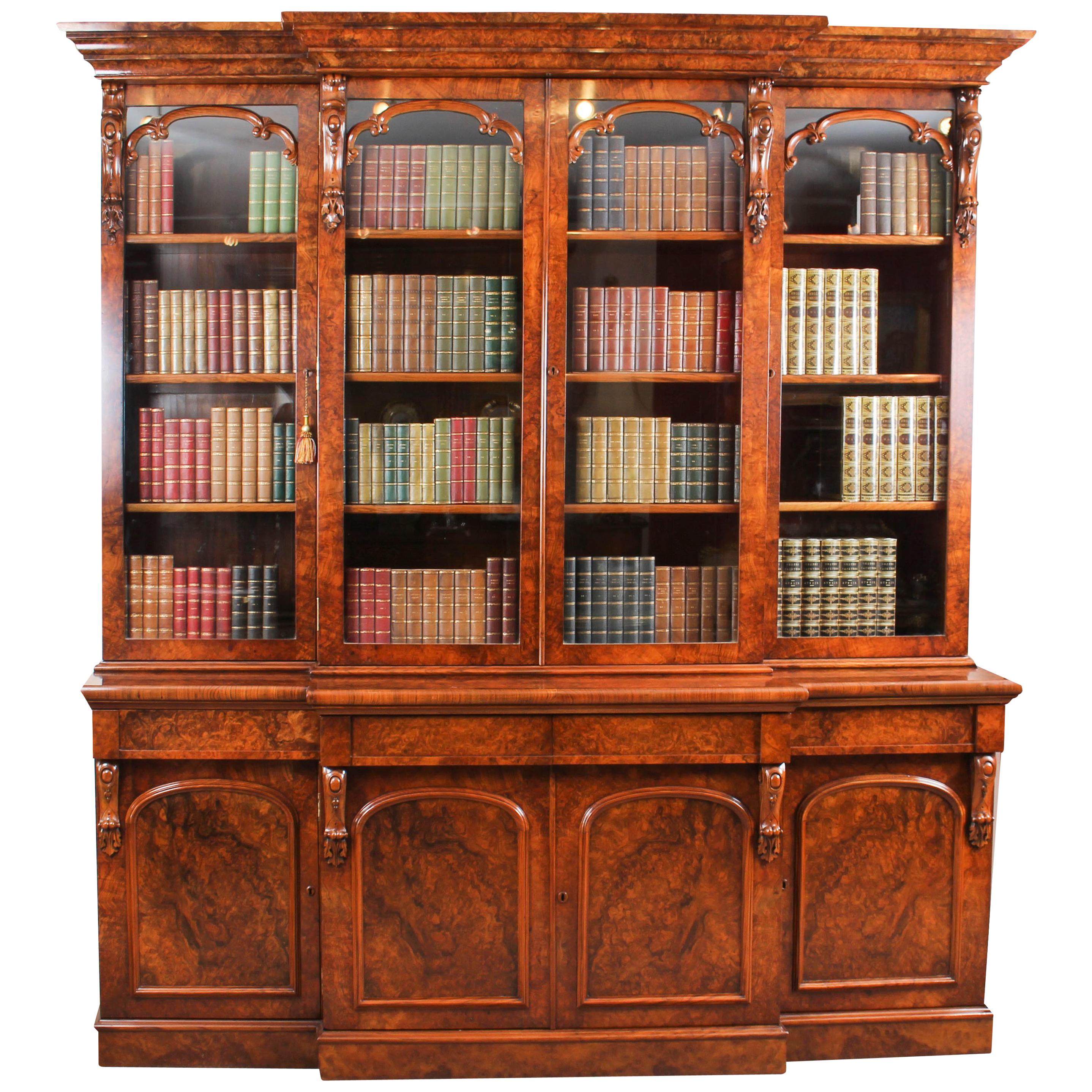 Antique Victorian Burr Walnut Breakfront Bookcase 19th Century