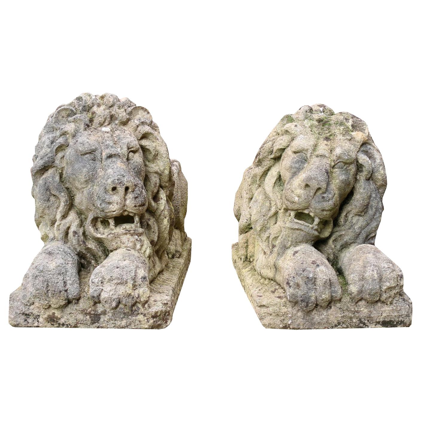 Pair of Neoclassical Style Carved Limestone Lions