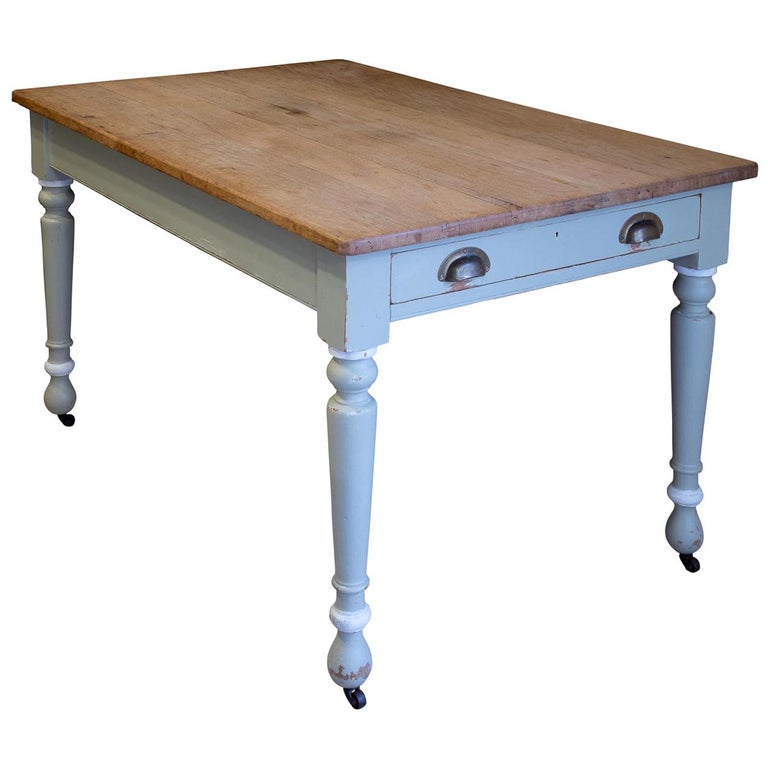 Bleached Oak Top Kitchen Table With Two End Drawers And Painted Base Circa 1920