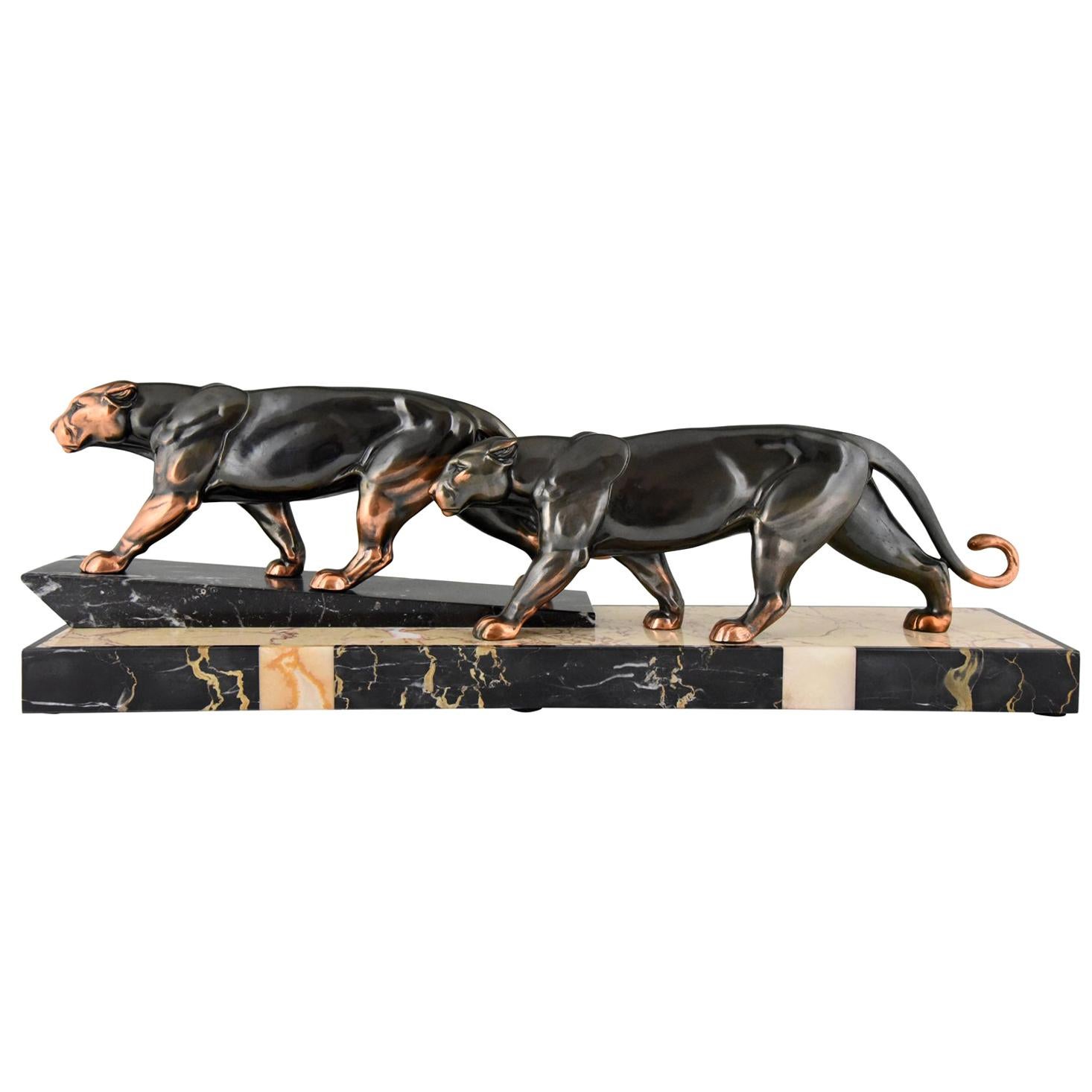 Art Deco Sculpture of Two Panthers by Alexandre Ouline, France, 1930