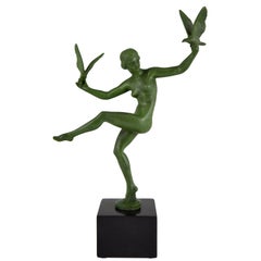 Art Deco Sculpture Nude Bird Dancer Briand Marcel Bouraine France  1930