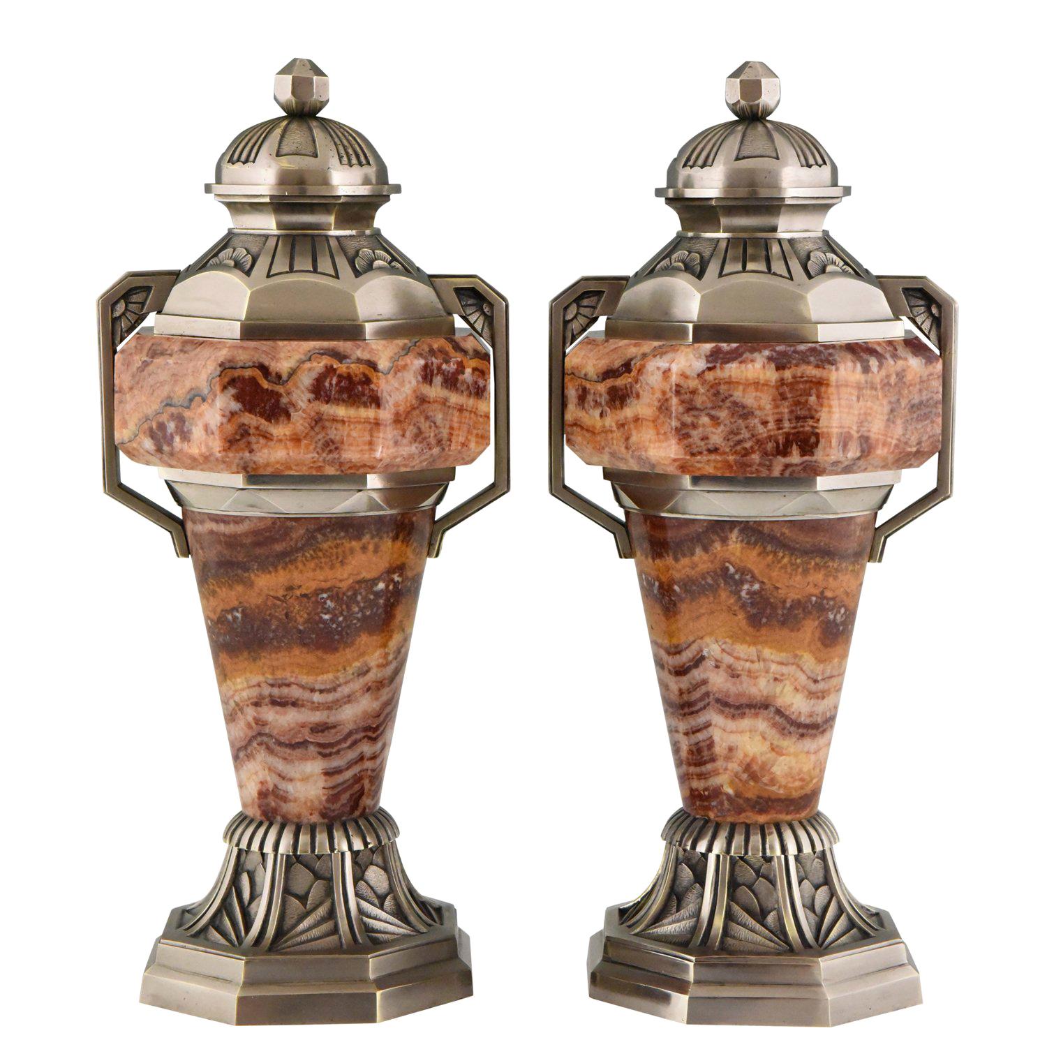 French Art Deco Marble and Bronze Urns  1925 France
