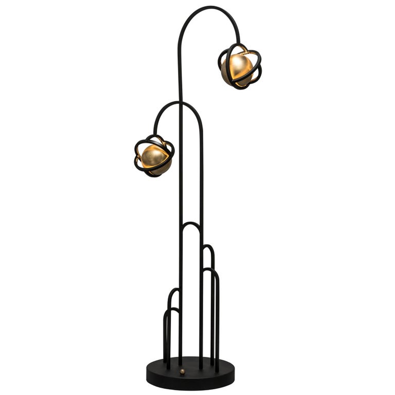 Planetaria Floor Lamp Black Steel Frame And Brass Sphere By Lara Bohinc