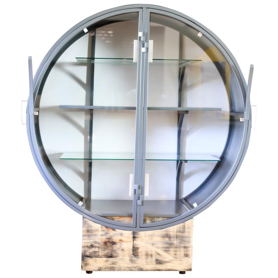 Custom Made Contemporary Art Deco Display Cabinet in Steel, Glass and Wood For Sale