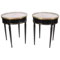 Pair of Black, French 1960s, Bouillotte Tables with Marble Tops
