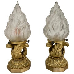 Pair of French Early 20th Century Gilt Bronze Table Lamps with Frosted Shades