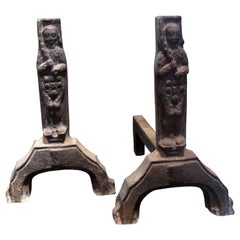 Rare Pair of Cast Iron Andiron of Gothic Period with Men Wild Decoration